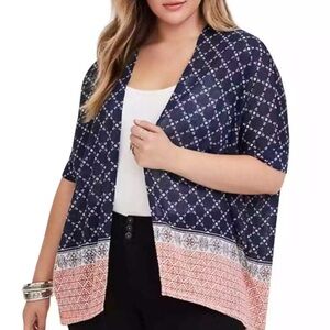 Torrid Kimono Short Sleeve Boho Printed Blue White 2X